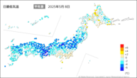 8日の最低気温平年差の分布図