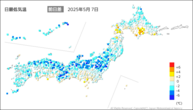 7日の最低気温前日差の分布図
