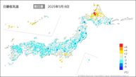 8日の最低気温前日差の分布図