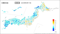 昨日の最低気温前日差の分布図