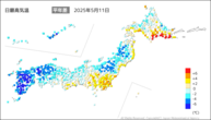 昨日の最高気温平年差の分布図