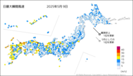 9日の最大瞬間風速の分布図